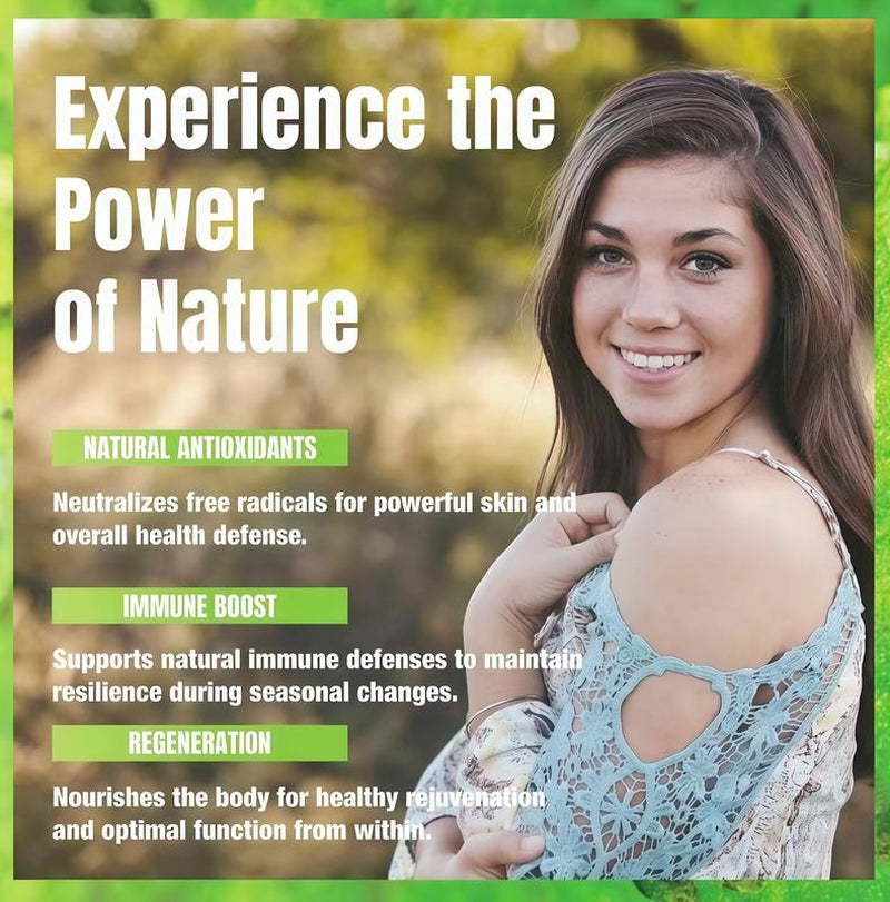 Woman outdoors beside “Experience the Power of Nature” infographic highlighting natural antioxidants, immune support, and nourishment as part of the Soursop Bitters Liquid Drops 10-in-1 herbal wellness formula.