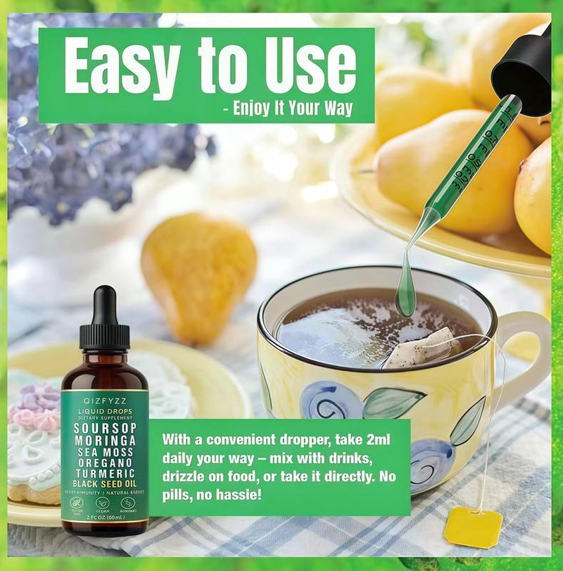 Bottle Soursop Bitters Liquid Drops 10-In-1 with Nori, Moringa, Turmeric, Black Seed Oil, Oregano, Ashwagandha Herbal Extracts for Overall Health Vegan, Non-Qz 2 Fl Oz Bathroom Fitness Dietary Supplements. With a convenient dropper, take 2ml daily your way. Mix with drinks, drizzle on food, or take it directly. No pills, no hassle.