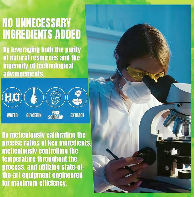 Experience the Power of Nature infographic featuring a woman outdoors and highlighting natural antioxidants, immune support, and nourishment for Soursop Bitters Liquid Drops. pure soursop extract water glycerin
