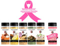 Breast Cancer Awareness Bundle featuring five gourmet seasoning blends and one free Himalayan salt and pepper blend beneath a pink breast cancer awareness ribbon on a white background.