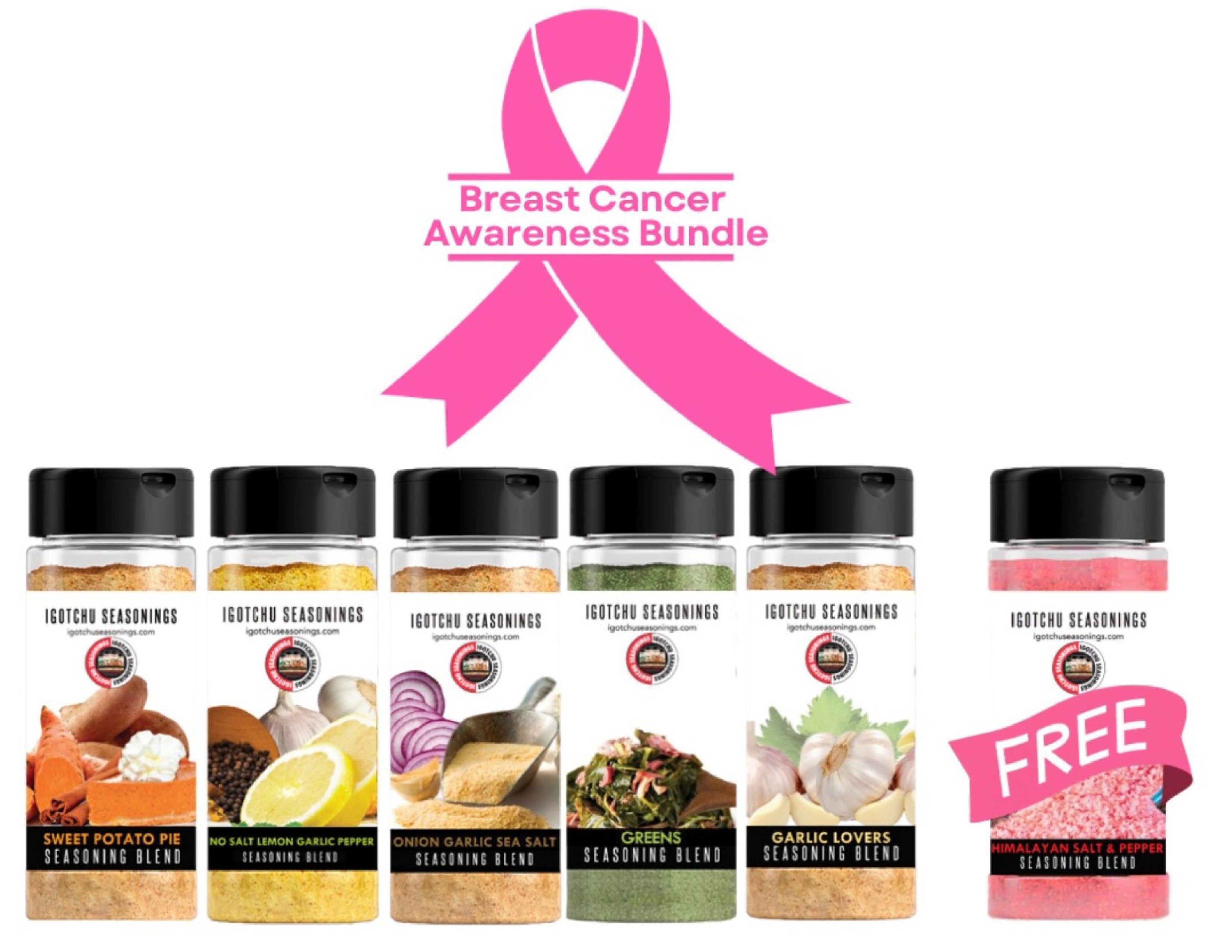 Breast Cancer Awareness Bundle featuring five gourmet seasoning blends and one free Himalayan salt and pepper blend beneath a pink breast cancer awareness ribbon on a white background.