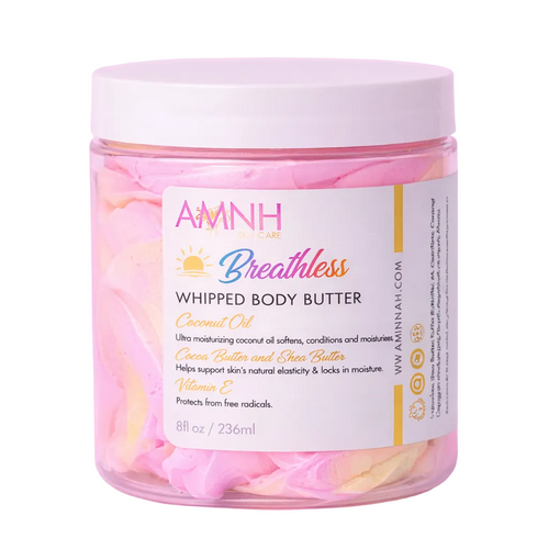 AMINNAH "Breathless" Whipped Body Butter, luxurious whipped moisturizer with natural ingredients including organic shea butter, cocoa butter, mango butter, coconut oil and jojoba oil, clean beauty, vegan, cruelty free, paraben free, gluten free, female-owned brand, nourishing body butter for soft, hydrated skin.