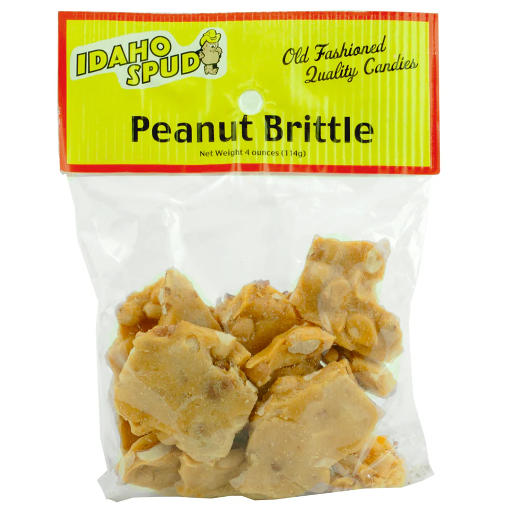 Idaho Spud Old Fashioned Peanut Brittle 4 oz bag with crispy golden brittle and roasted peanuts, classic candy treat