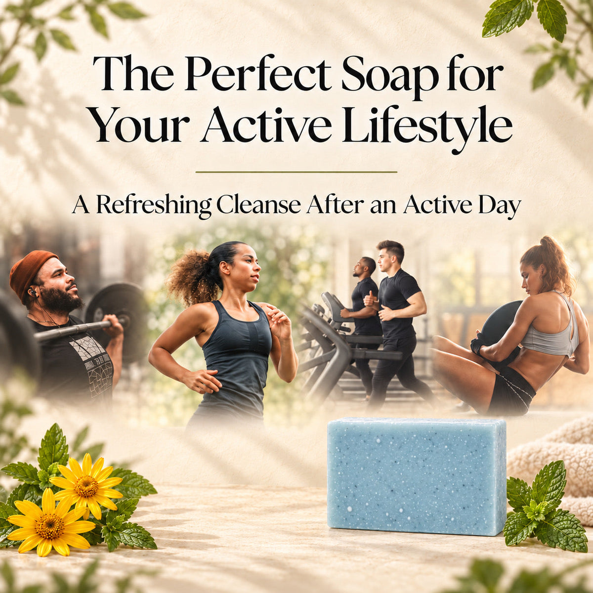 A rectangular light blue soap bar centered in the foreground, surrounded by promotional text reading 'The Perfect Soap for Your Active Lifestyle' and 'A Refreshing Cleanse After an Active Day.' The background shows several people exercising outdoors, with sunflowers and mint leaves placed around the soap.