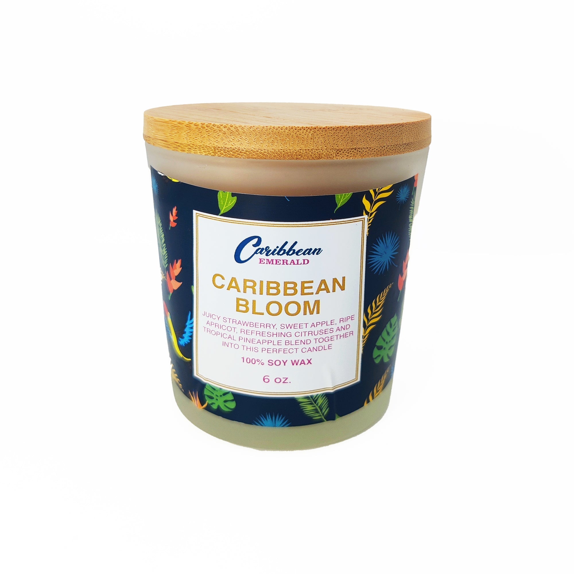 Caribbean Emerald Caribbean Bloom 100% Soy Wax Candle 6 oz, Tropical Scented Candle with Juicy Strawberry, Sweet Apple, Ripe Apricot, Refreshing Citrus and Tropical Pineapple Fragrance, Caribbean Inspired Home Fragrance Candle with Bamboo Lid, Tropical Aromatherapy Candle, Island Scented Soy Candle, Caribbean Home Décor and Self Care Gift. CARIBBEAN BLOOM CANDLE - Exquisite Blend of Juicy Strawberry, Sweet Apple, Ripe Apricot, Refreshing Citruses and Tropical Pineapple Scent, Made with 100% Soy Wax