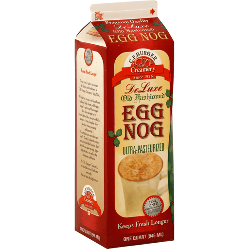 Carton of C.F. Burger Creamery Since 1928 De Luxe Old Fashioned Non-Alcoholic Egg Nog, ultra-pasteurized dairy eggnog, 1 quart (946 mL), on a white background.