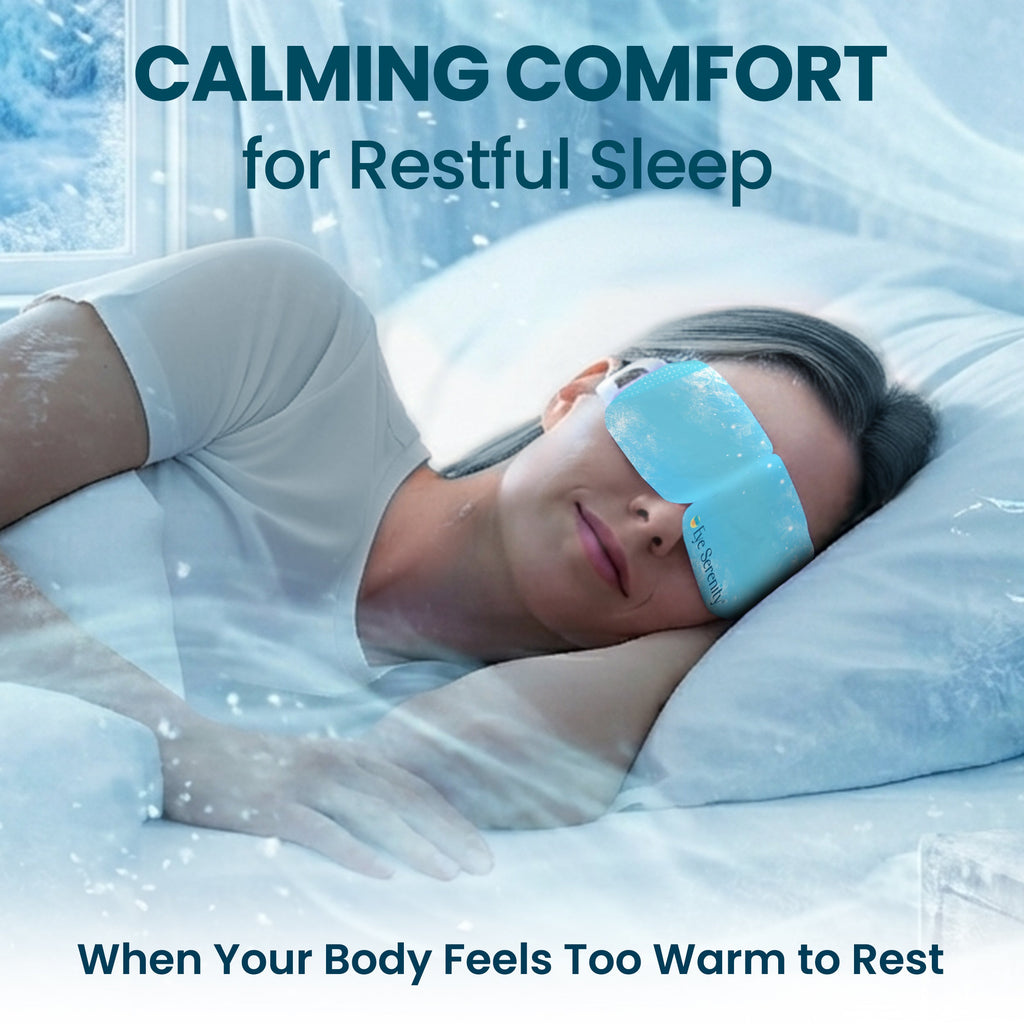 Cooling eye mask for restful sleep and nighttime relaxation, featuring a woman wearing a blue cold therapy sleep mask in bed to soothe tired, puffy eyes and provide calming comfort when feeling too warm.
