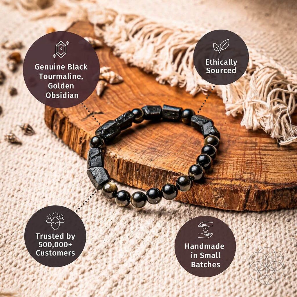 A beaded bracelet made of black tourmaline and round black beads, displayed on a rustic wooden slice with burlap. Four circular text badges highlight product features: 'Genuine Black Tourmaline, Golden Obsidian', 'Ethically Sourced', 'Trusted by 500,000 Customers', and 'Handmade in Small Batches'. Direction of Wealth & Success - The Spiritual Protection Bracelet with Black Tourmaline and Golden Obsidian for Absorbing Negativity