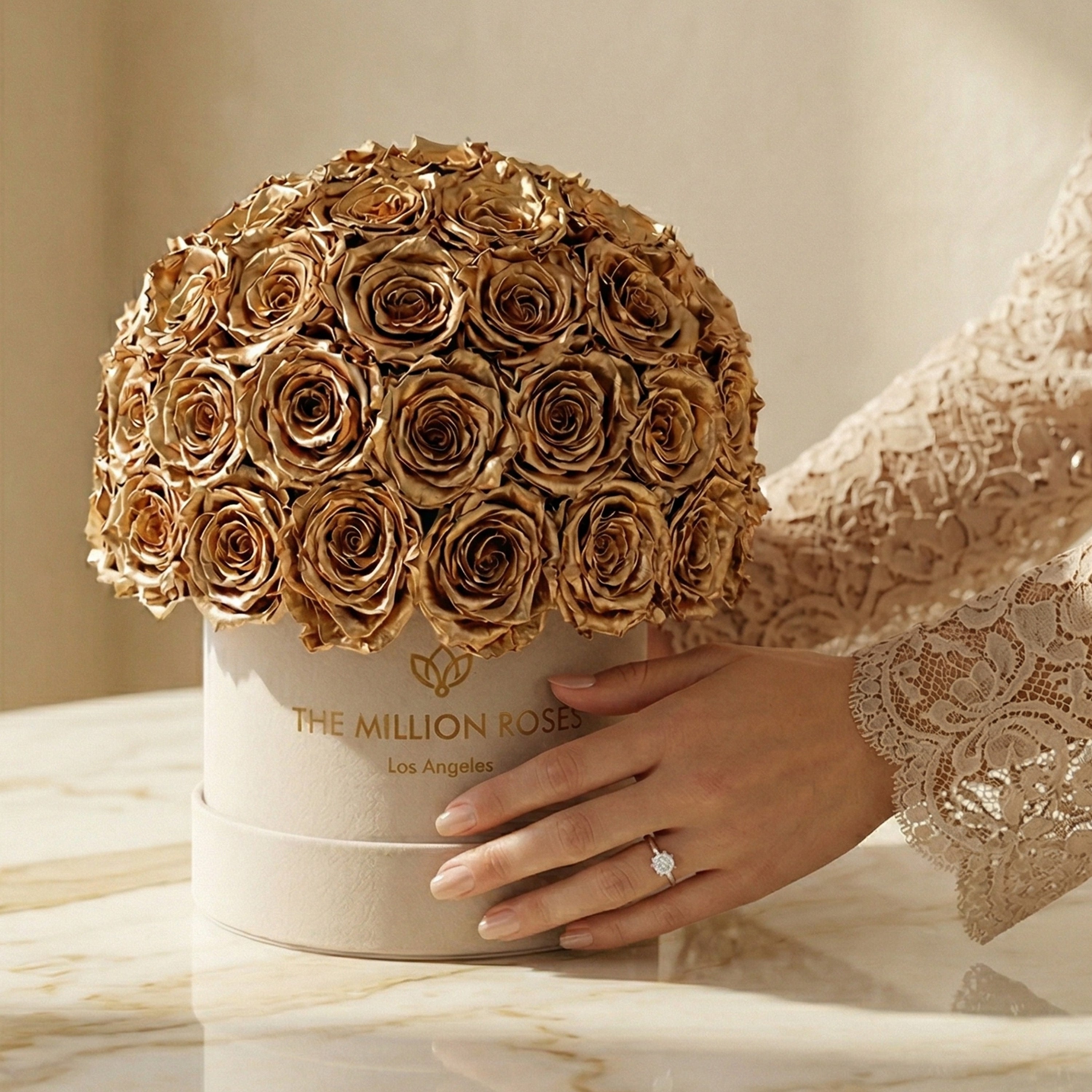 Classic Beige Suede Superdome Box | Gold Roses