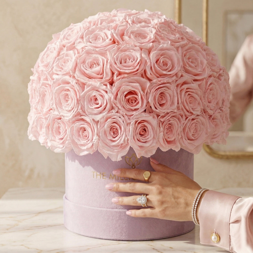 Classic Light Pink Suede Superdome Box | Light Pink Roses
