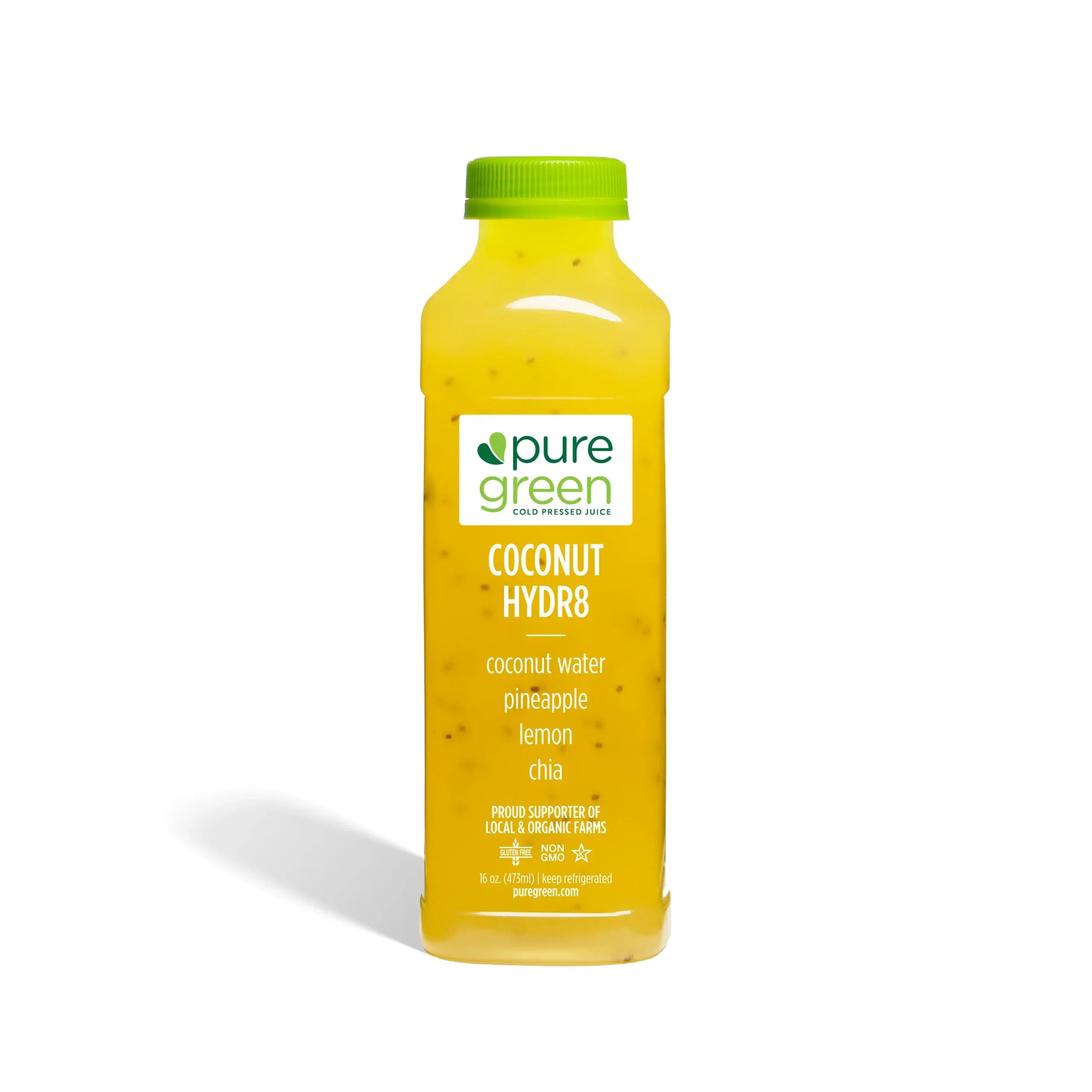 Bottle of pure green coconut water pineapple lemon chia on a white background. PURE GREEN COCONUT HYDRATE  Cold-Pressed NON-GMO Juice Drink with Coconut Water, Pineapple, Lemon and Chia, No Added Sugar, Gluten-Free