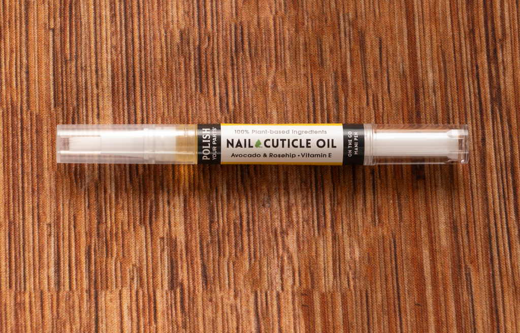 Realistic nail and cuticle oil pen with avocado oil and rosehip oil, plant-based nail care, nourishing cuticle treatment, moisturizing manicure essential, dry cuticle care, healthy-looking nails, natural nail care, portable cuticle oil, pen applicator, at-home manicure, beauty self-care product, Tree of Life Grocers, The Balm Box.