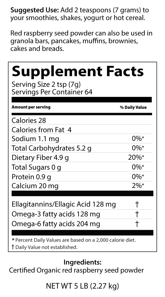 Supplement facts label for red raspberry seed powder with serving size, calories, and ingredients listed.