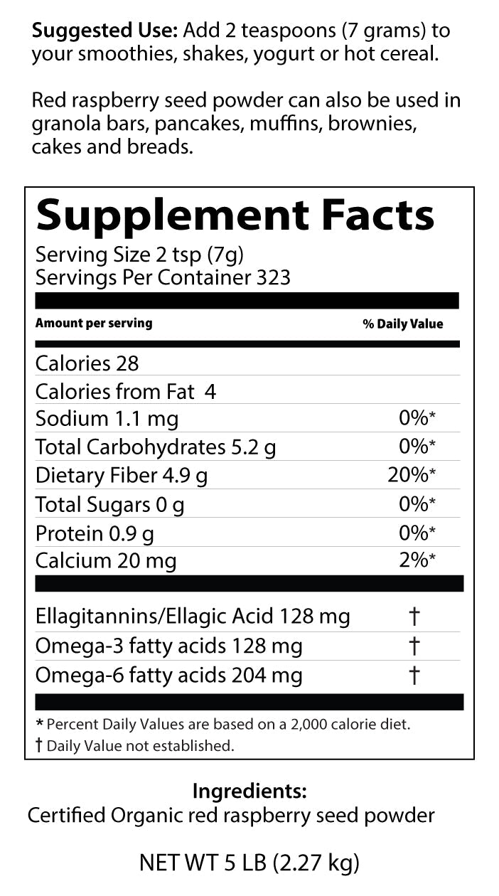 Supplement facts label for red raspberry seed powder with serving size, calories, and ingredients listed.