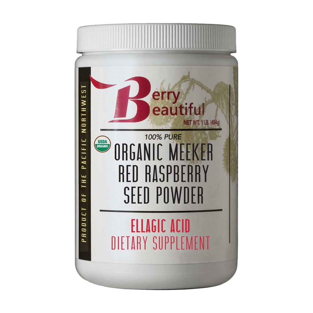 Container of Berry Beautiful Organic Meeker Red Raspberry Seed Powder on a white background