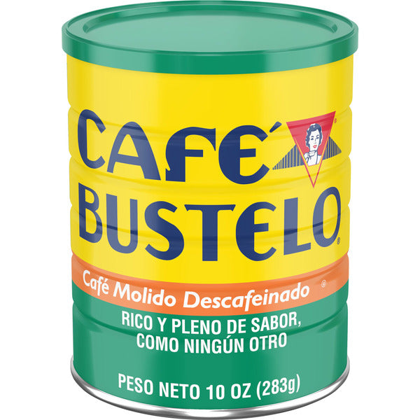Cafe Bustelo coffee can with yellow label and green lid on a white background. Café Bustelo Decaffeinated Medium-Dark Roast Ground Coffee