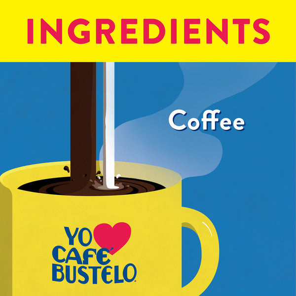Illustration of a coffee plant growing in a yellow mug with 'Yo Cafe Bustelo' branding, set against a blue background with 'Ingredients Coffee' text.