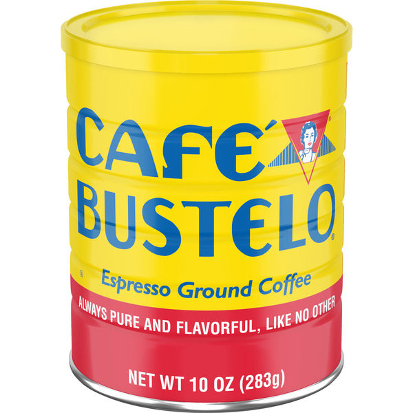 10 oz yellow can of Café Bustelo Espresso Style Dark Roast Ground Coffee with blue and red branding on a white background.