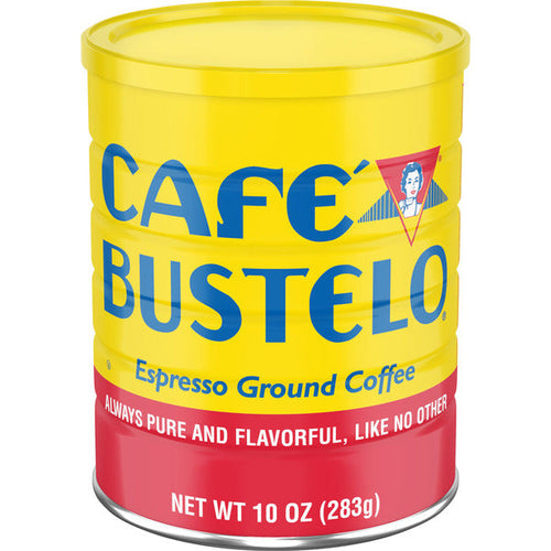 10 oz yellow can of Café Bustelo Espresso Style Dark Roast Ground Coffee with blue and red branding on a white background.