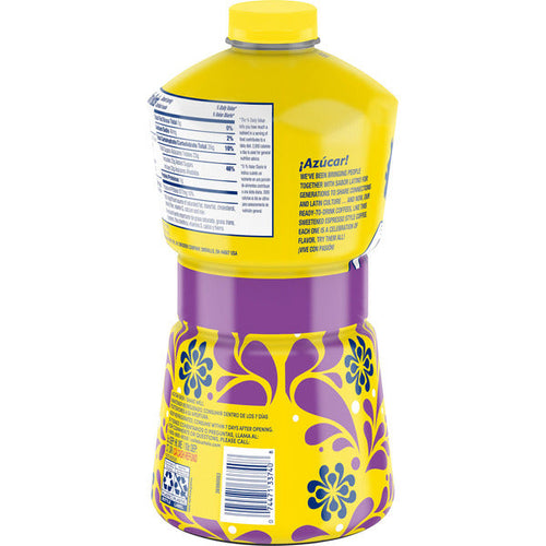 Yellow and purple container with floral design on a white background. Café Bustelo Sweetened Iced Coffee