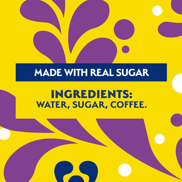 Product label with purple abstract designs on a yellow background, featuring text about ingredients.