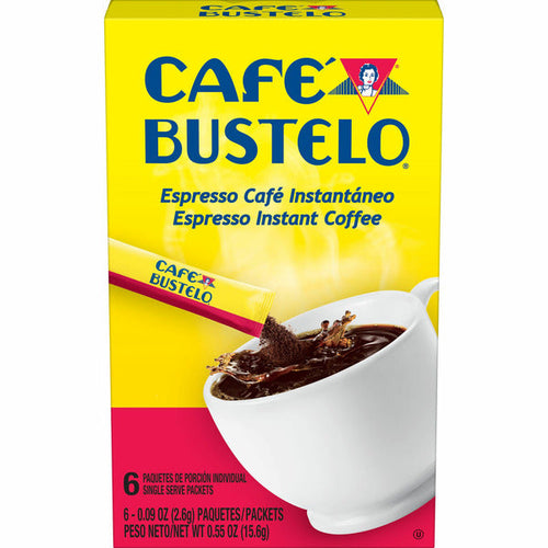 Cafe Bustelo Espresso Instant Coffee packaging with a cup of coffee on a white background. Café Bustelo Instant Coffee - 6 Single-Serve Packets