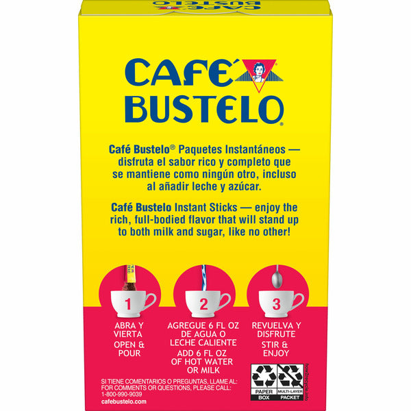 Café Bustelo Instant Coffee package back panel with brewing instructions, preparation steps, and bilingual English and Spanish product information. Café Bustelo Instant Coffee - 6 Single-Serve Packets