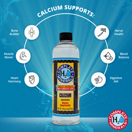Bottle of Complete Minerals Calcium supplement with health benefits on a blue background