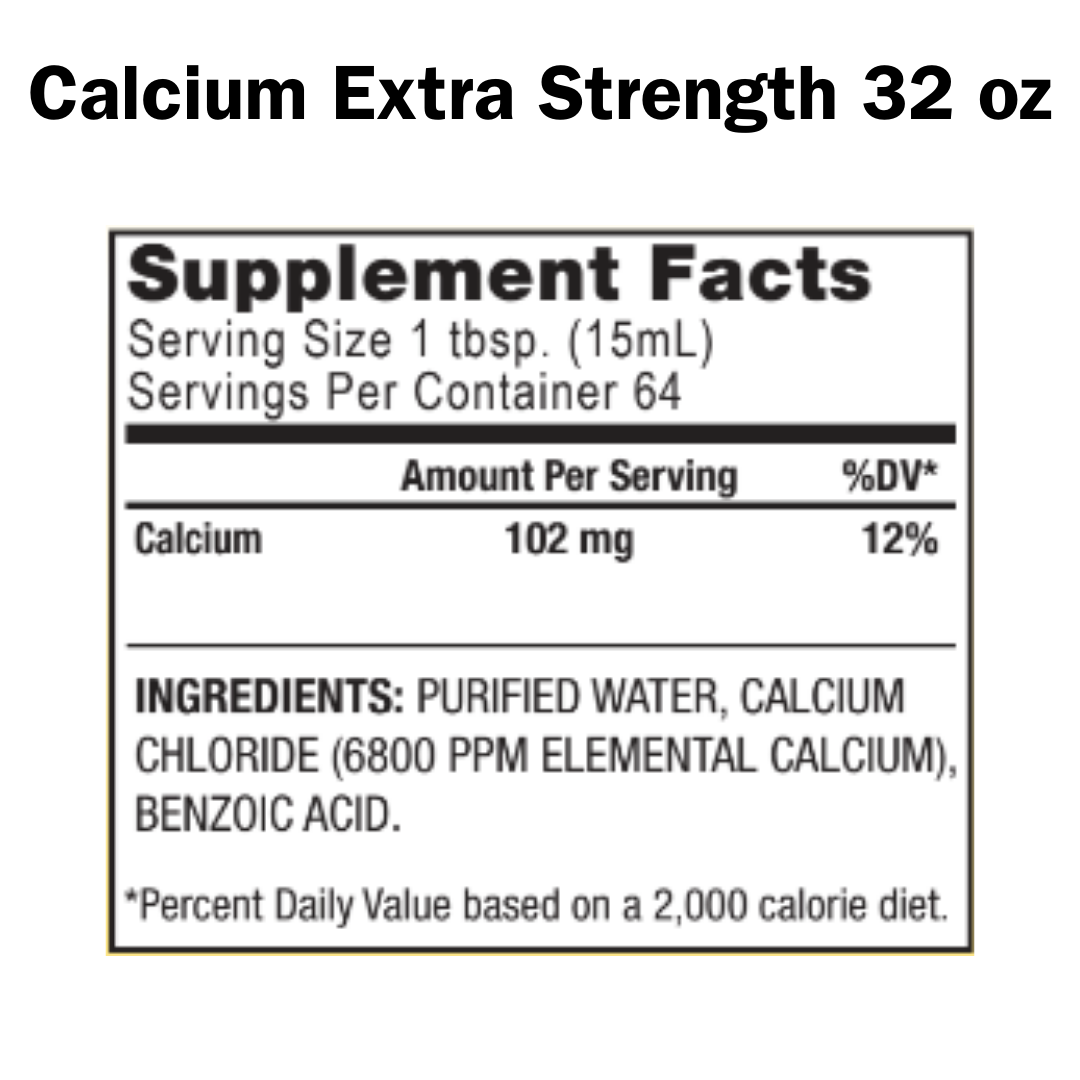 Supplement facts label for Calcium Extra Strength 32 oz on a white background
