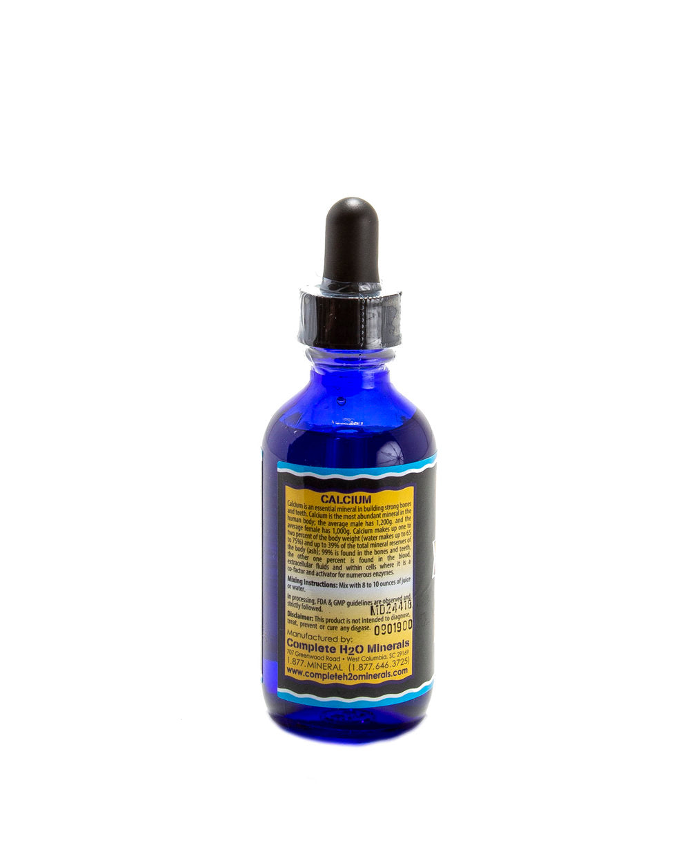 Blue glass dropper bottle with a label on a white background