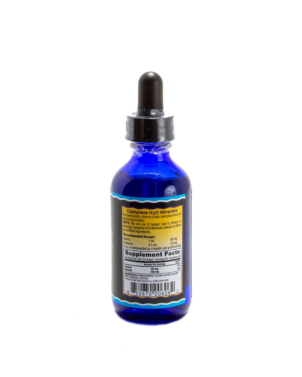 Blue glass bottle with dropper on a white background