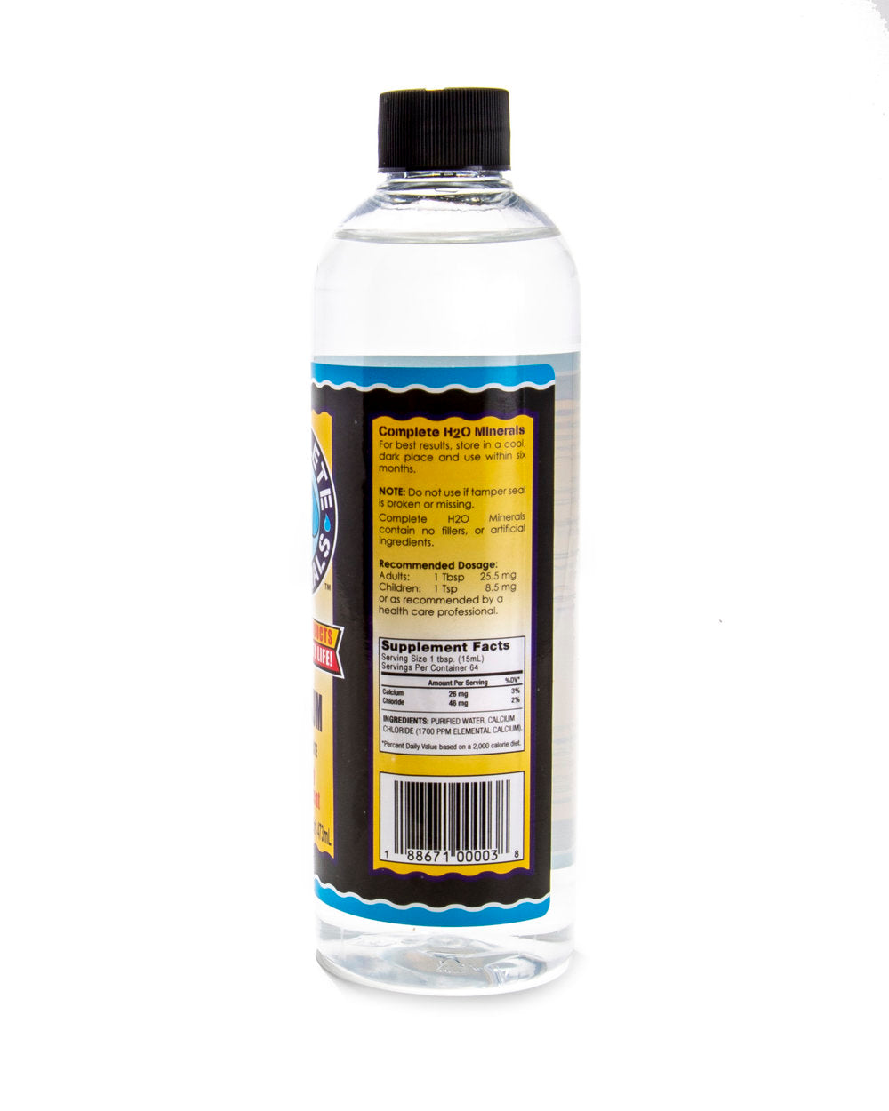 Clear bottle with a black cap and label on a white background