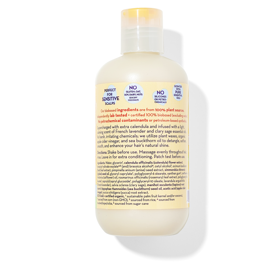 Bottle of hair care product with label on a white background. Calendula™ Hair Conditioner | Gentle Moisturizing Conditioner for Dry & Sensitive Hair (100% plant based ingredients, excludes water) Calendula™ Hair Conditioner | Gentle Moisturizing Conditioner for Dry & Sensitive Hair (100% plant based ingredients, excludes water) - for sensitive scalps, no gluten, oat, soy, dairy, nuts (except coconut), no silicones or petro-chemicals, scented with pure essential oils