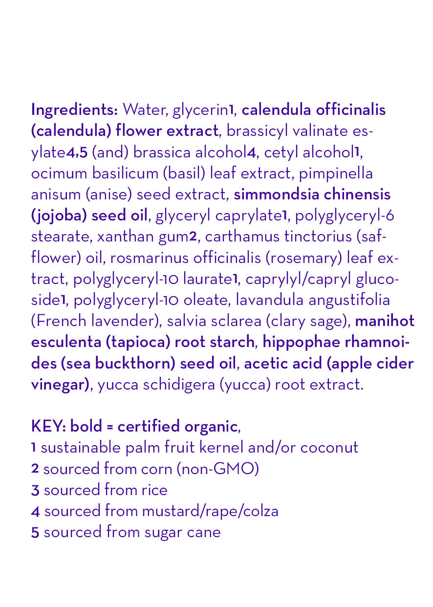 List of ingredients with certification details on a white background. Calendula™ Hair Conditioner | Gentle Moisturizing Conditioner for Dry & Sensitive Hair (100% plant based ingredients, excludes water) certified organic
