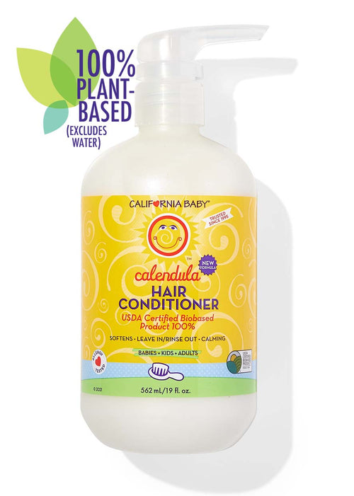 California Baby Calendula Hair Conditioner bottle with plant-based label on a white background. Calendula™ Hair Conditioner | Gentle Moisturizing Conditioner for Dry & Sensitive Hair (100% plant based ingredients, excludes water) 562 mL / 19 fl oz.