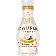 Califia Farms Go Coconuts Coconut Milk bottle on a white background. Dairy-free, vegan, non-dairy coconut milk beverage in a shelf-stable bottle, ideal for drinking, cooking, baking, smoothies, coffee, and plant-based recipes.
