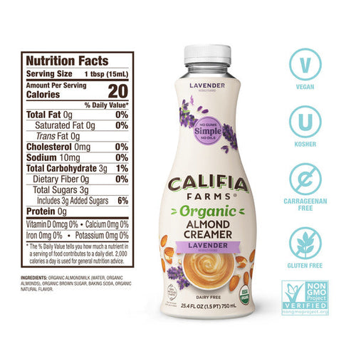 Califia Farms Organic Lavender Almond Milk Coffee Creamer bottle with nutrition facts label on a white background. USDA Organic dairy-free almond milk coffee creamer in a 25.4 fl oz (750 mL) bottle, lavender flavored, vegan, kosher, gluten-free, carrageenan-free, and Non-GMO Project Verified.