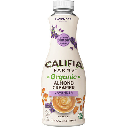 Califia Farms Organic Lavender Almond Milk Coffee Creamer bottle on a white background. Organic dairy-free almond creamer with lavender flavor in a 25.4 fl oz (750 mL) bottle. Vegan, lactose-free, and USDA Organic.
