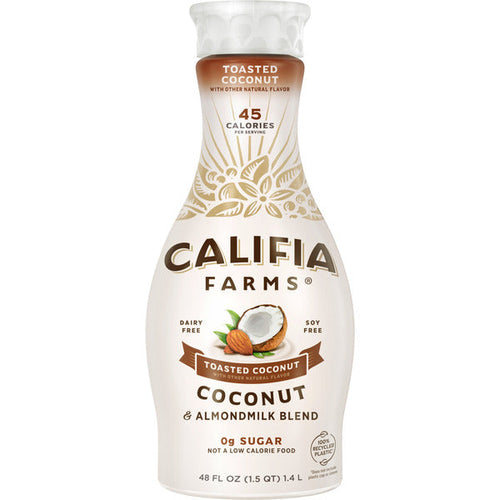 Califia Farms Toasted Coconut Almond Milk, dairy-free plant-based coconut and almond milk blend in a 48 fl oz bottle on a white background.