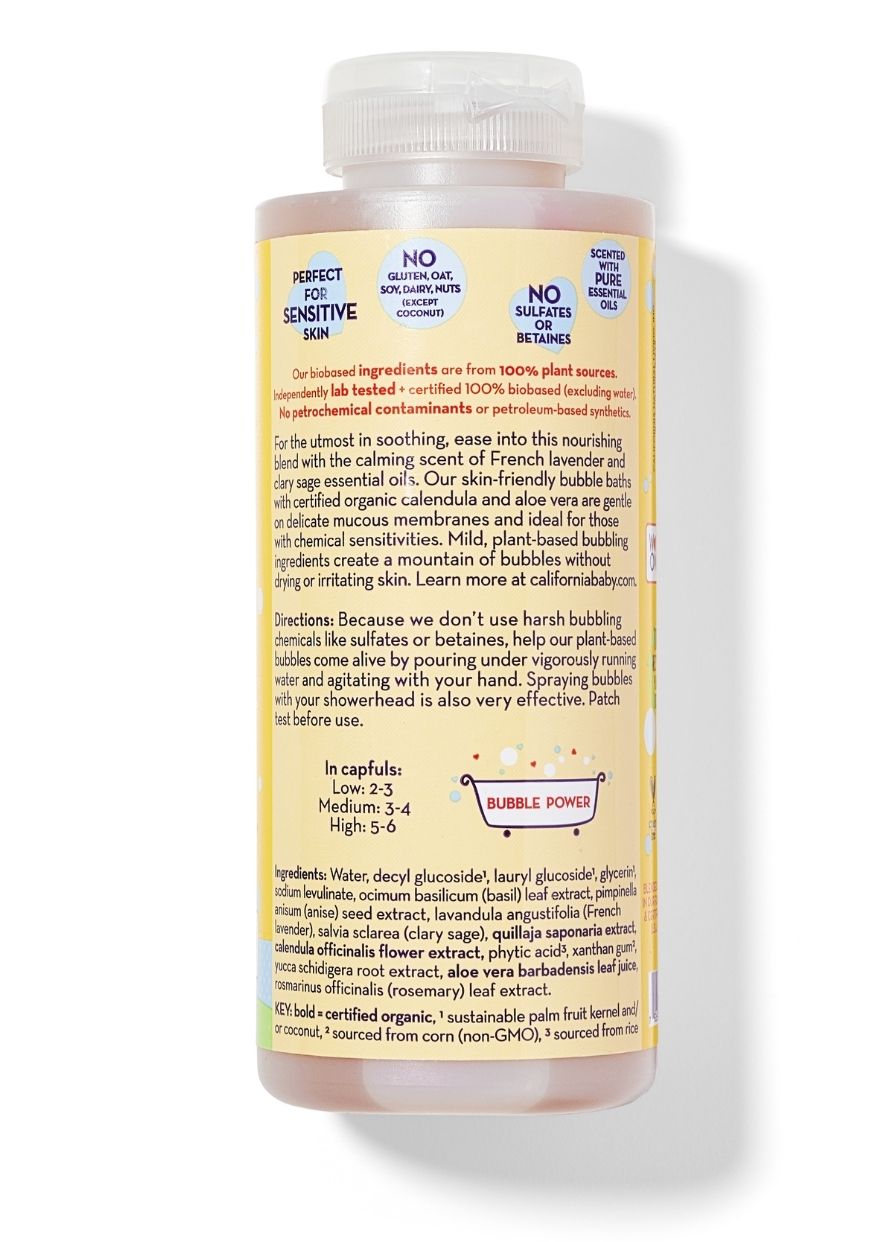 Bottle of bubble bath with a yellow label on a white background California Baby Calendula™ Bubble Bath | Plant-Based Gentle Baby Bubble Bath | USDA Certified Biobased