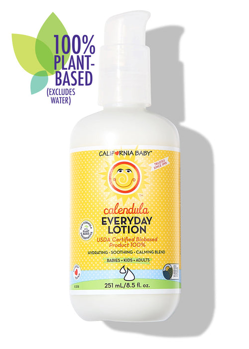 California Baby Calendula Everyday Lotion bottle with plant-based label on a white background. California Baby Calendula™ Everyday Lotion for Sensitive Skin – Plant-Based Moisturizer with French Lavender | 8.5oz, 19oz, 64oz & 2oz