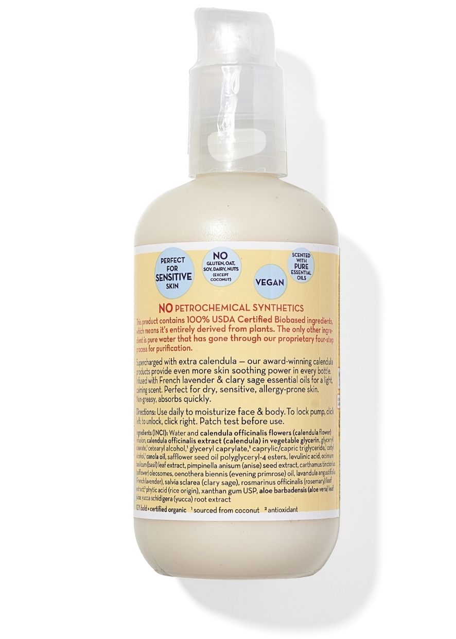 Bottle of skincare product with label on a white background. California Baby Calendula™ Everyday Lotion for Sensitive Skin – Plant-Based Moisturizer with French Lavender | 8.5oz, 19oz, 64oz & 2oz
For Sensitive Skin, No Gluten, Oat, Soy, Dairy, Nuts (Except Coconut), Vegan, Scented with pure essential oils