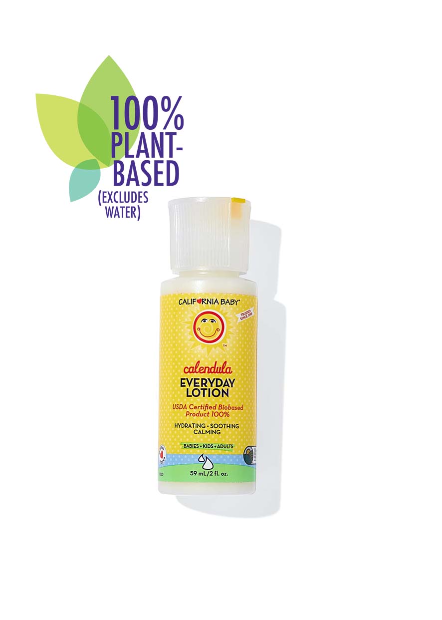 Calendula Everyday Lotion bottle with plant-based label on a white background. California Baby Calendula™ Everyday Lotion for Sensitive Skin – Plant-Based Moisturizer with French Lavender | 8.5oz, 19oz, 64oz & 2oz