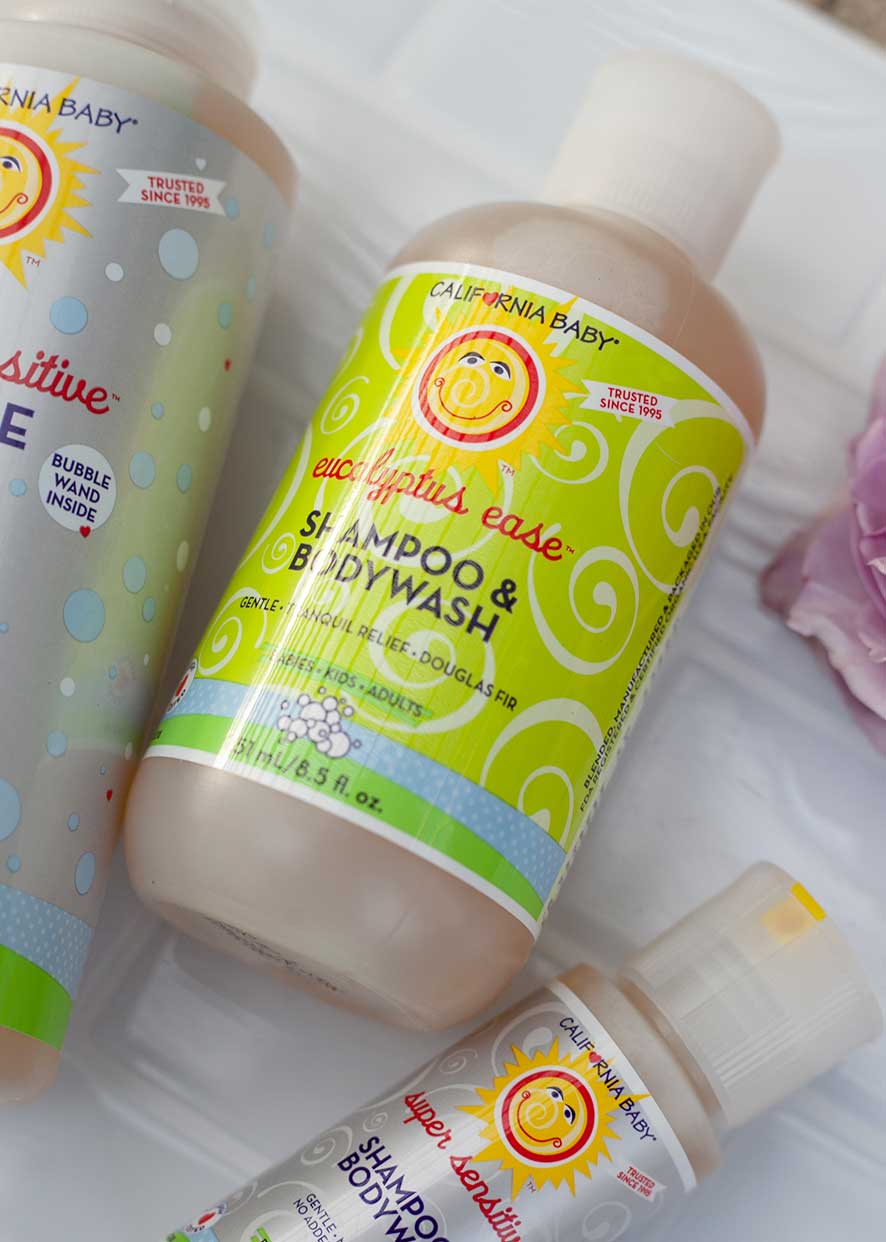 California Baby shampoo and bodywash bottles on a white surface California Baby® Eucalyptus Ease™ Shampoo & Bodywash made from Pure Essential Oils, USDA Certified Biobased Product 100% Plant Based