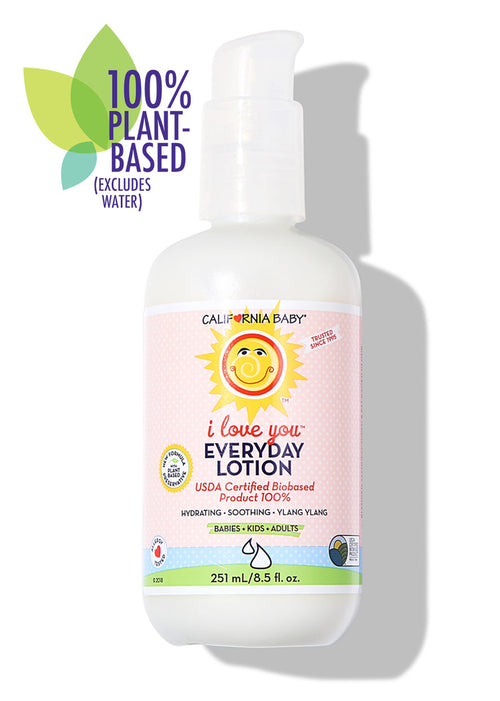 California BabyEveryday Lotion bottle with plant-based label on a white background. California Baby® I Love You™ Everyday Lotion | Gentle Natural Moisturizer for Babies, Kids & Sensitive Skin | Tree of Life Grocers