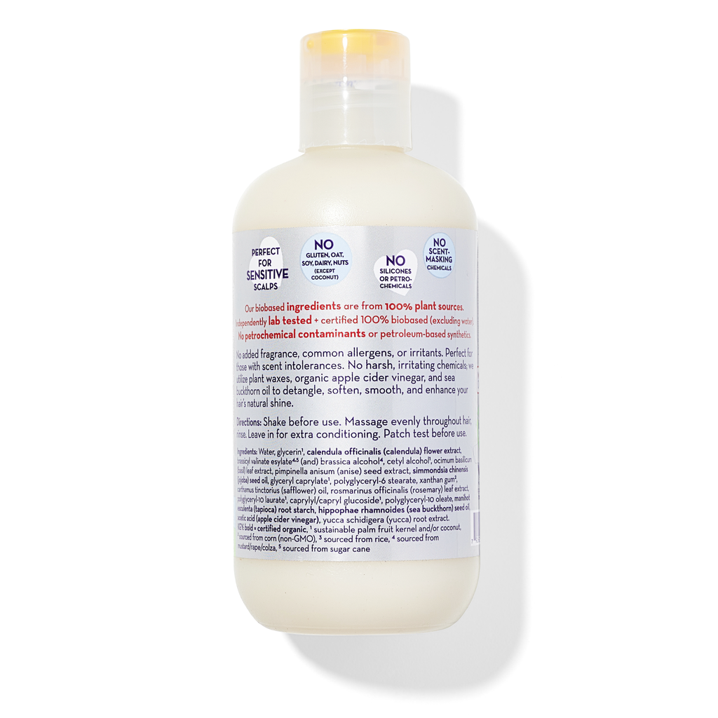 Bottle of shampoo with a label on a white background California Baby® (No Fragrance) Super Sensitive™ Hair Conditioner - USDA Certified Biobased Product 100% Plant-Based