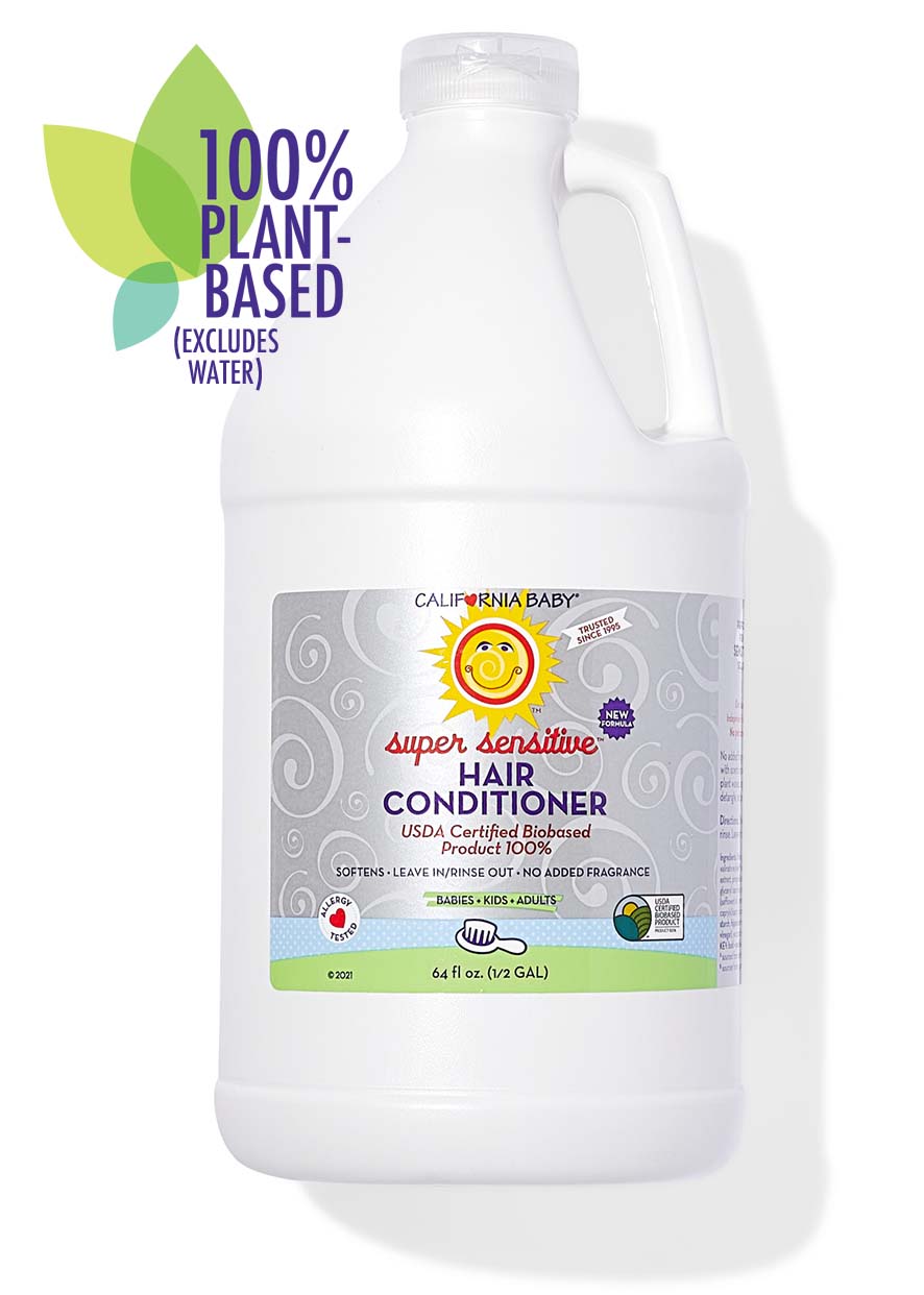 California Baby super sensitive hair conditioner bottle on a white background Caliofrnia Baby® (No Fragrance) Super Sensitive™ Hair Conditioner - USDA Certified Biobased Product 100% Plant-Based. 64 fl oz