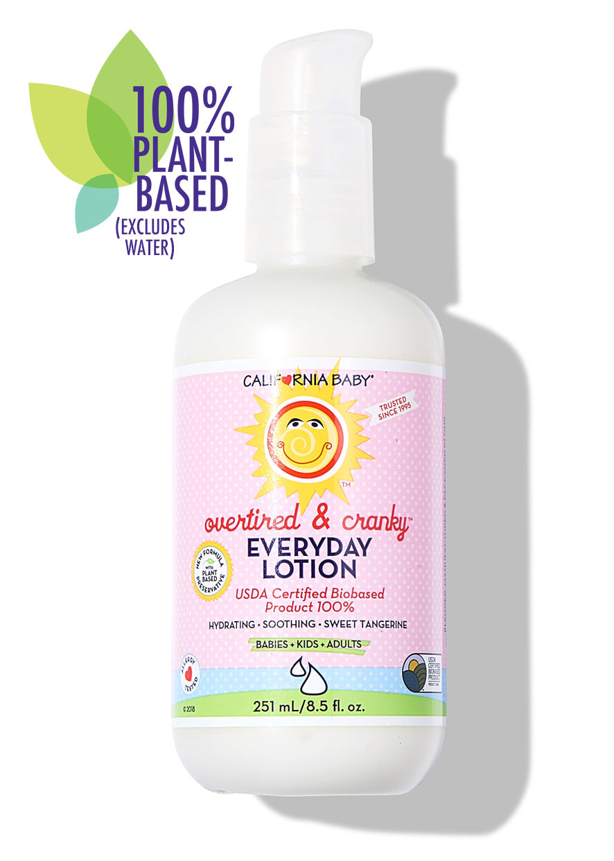 California Baby Overtired & Cranky™ Everyday Lotion bottle with pump on a white background featuring the 100% plant-based logo. Gentle moisturizing lotion for sensitive skin, 8.5 oz (251 mL). USDA Certified Biobased Product 100% - Hydrating - Soothing - Sweet Tangerine. Trusted Since 1995