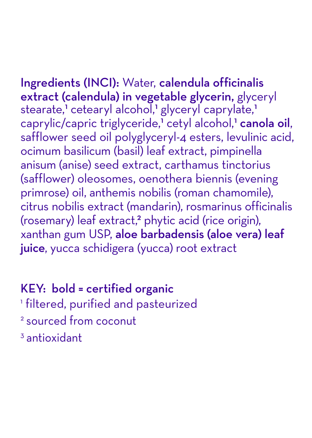 List of ingredients (INCI) and organic certification key for California Baby Overtired & Cranky™ Everyday Lotion for Sensitive Skin (8.5 oz / 251 mL) displayed on a white background. Ingredients include calendula, basil, anise, safflower, evening primrose, chamomile, mandarin, rosemary, aloe vera, and yucca extracts.