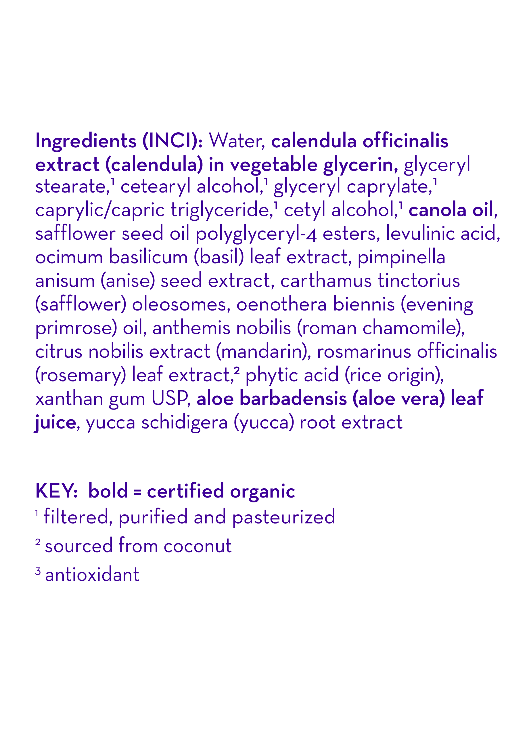 List of ingredients (INCI) and organic certification key for California Baby Overtired & Cranky™ Everyday Lotion for Sensitive Skin (8.5 oz / 251 mL) displayed on a white background. Ingredients include calendula, basil, anise, safflower, evening primrose, chamomile, mandarin, rosemary, aloe vera, and yucca extracts.